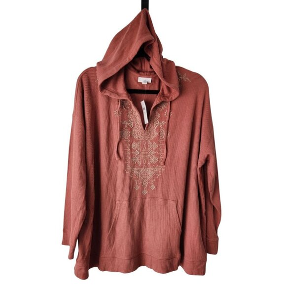 NWT J. Jill Coral Waffle Knit Thermal Long Sleep Shirt Blouse Emroidered Size 2X - Picture 1 of 8